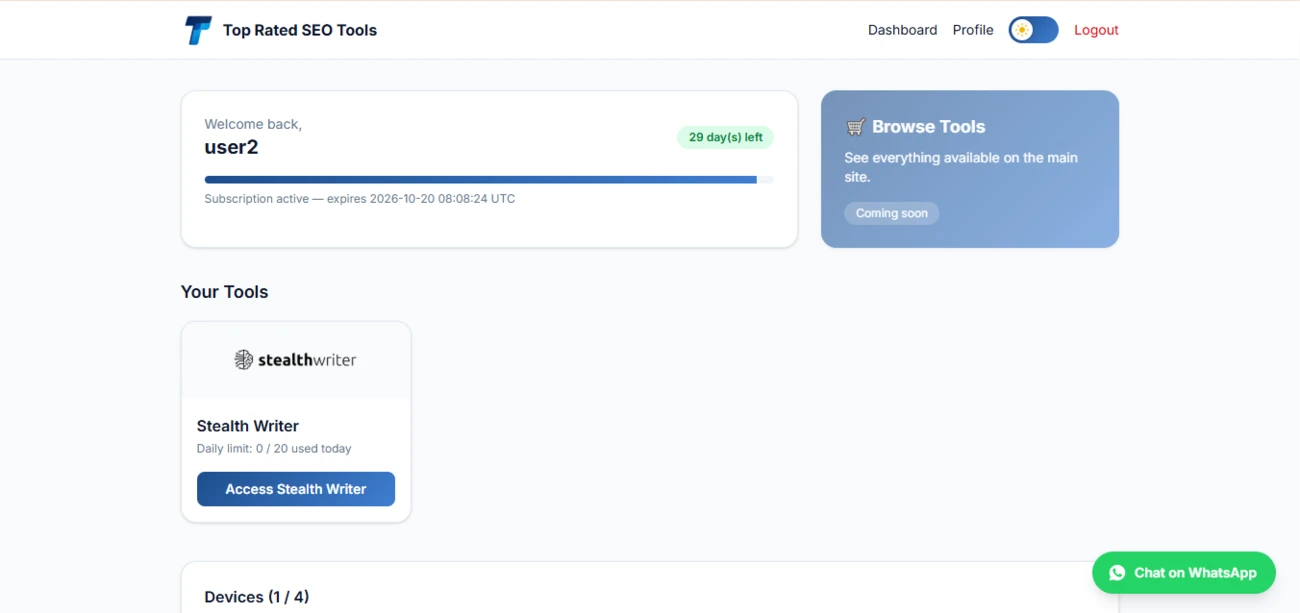 Top Rated SEO Tools user dashboard preview